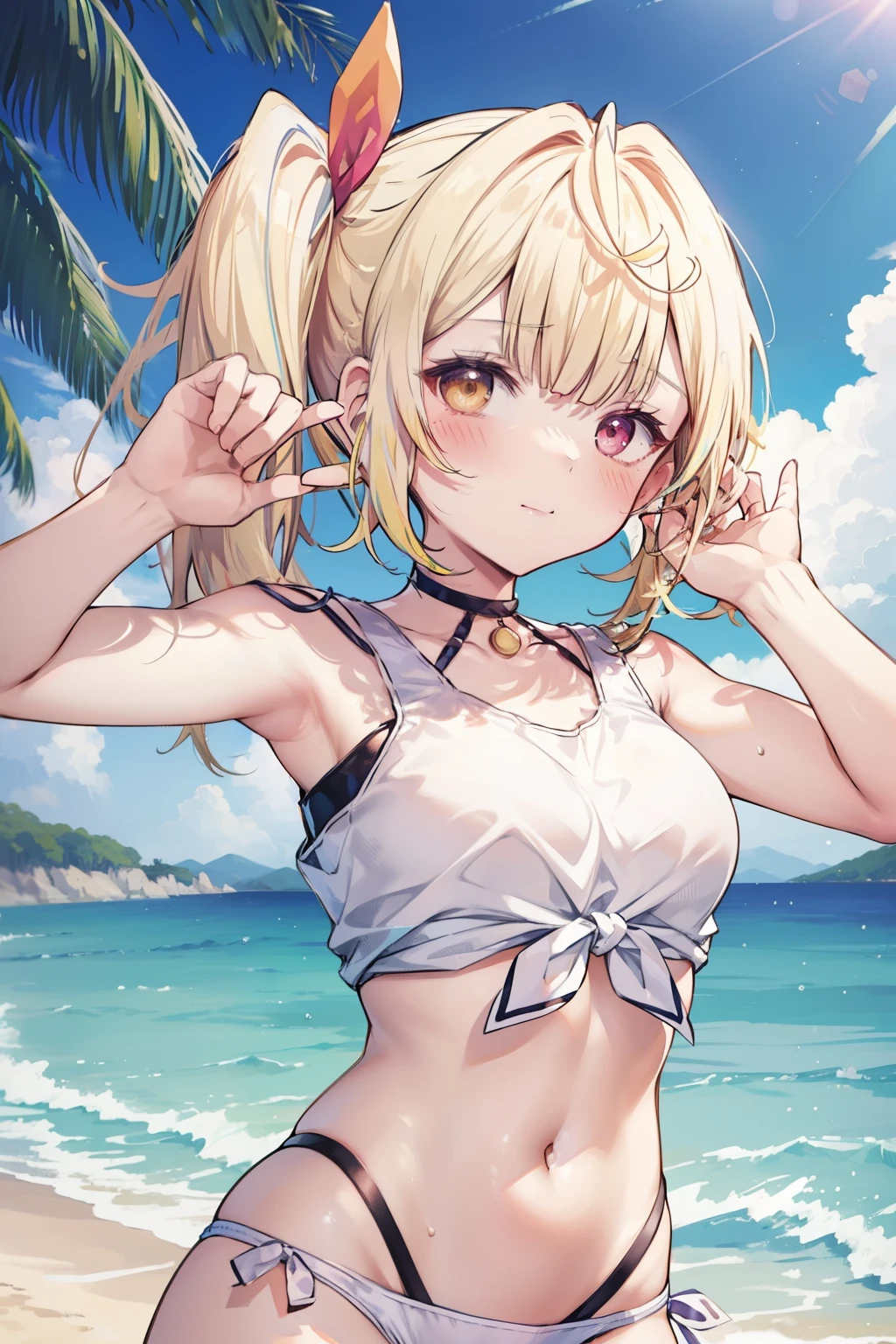 Hoshikawa Sara、Good looking girl (blush, Perfect Face), independent , Looking at the camera, masterpiece, Anime art style, Cute Characters, Most detailed, high quality、Nico Nico Smile、Swimwear、Coming to the sea、Showing armpits、Side Ponytail