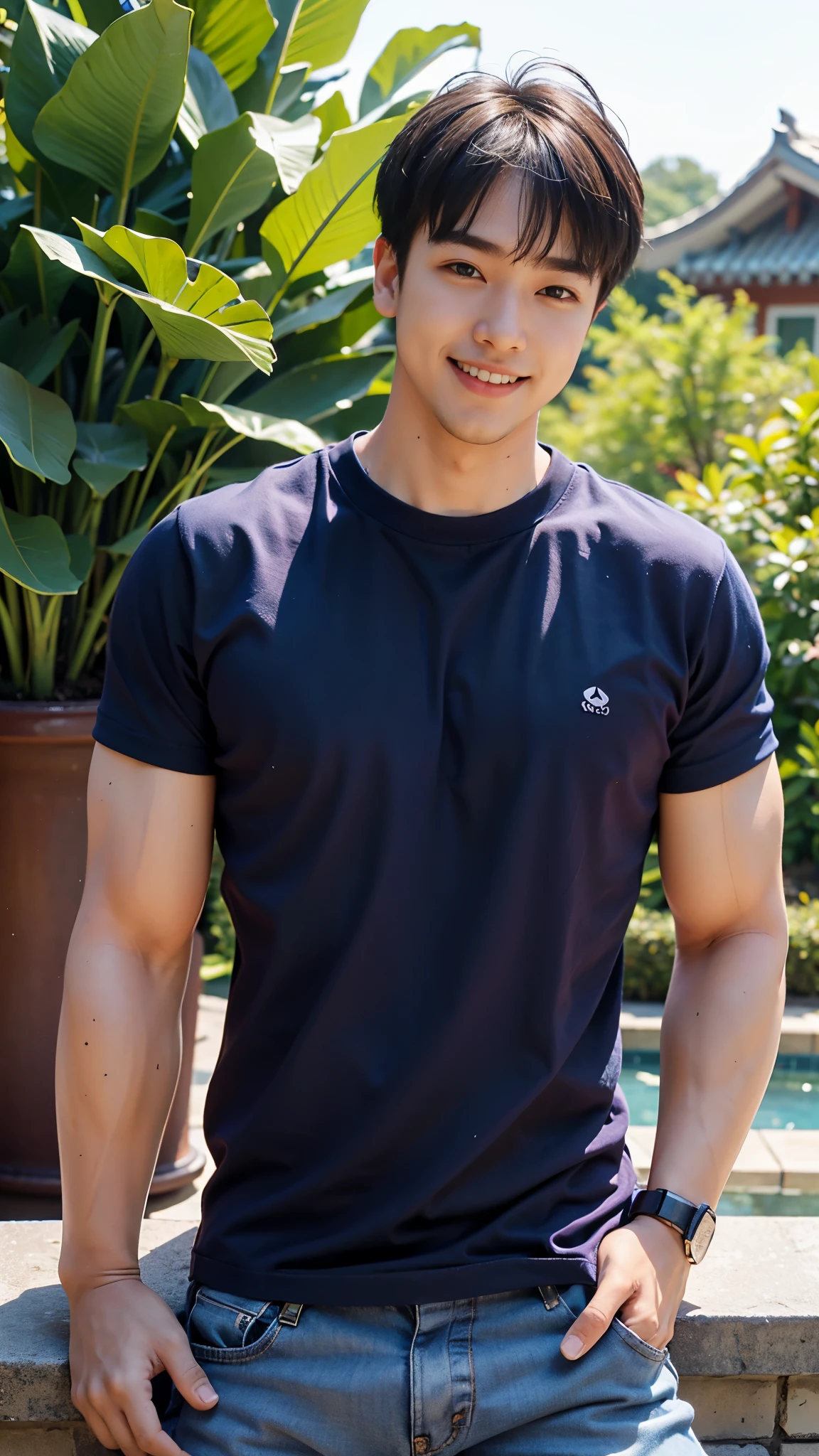 1 male model, smile, (Wear a navy round neck T-shirt.), Jeans, Korean people , korean men, (high glossy details), looking at the audience, Balancing the eyes, chest muscles, large arm muscles,, The backdrop is a garden.