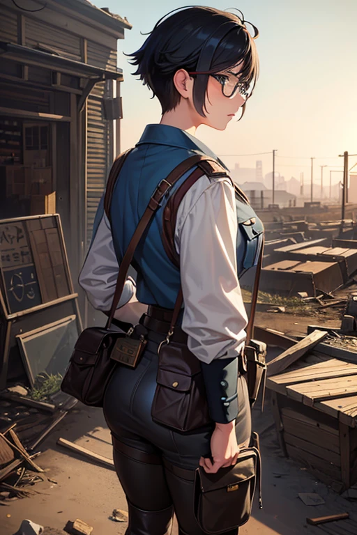 Wide angle, view from behind, a pretty girl messenger, wearing large glasses, undercut hair, wearing postal uniform, in a post-apocalyptic world