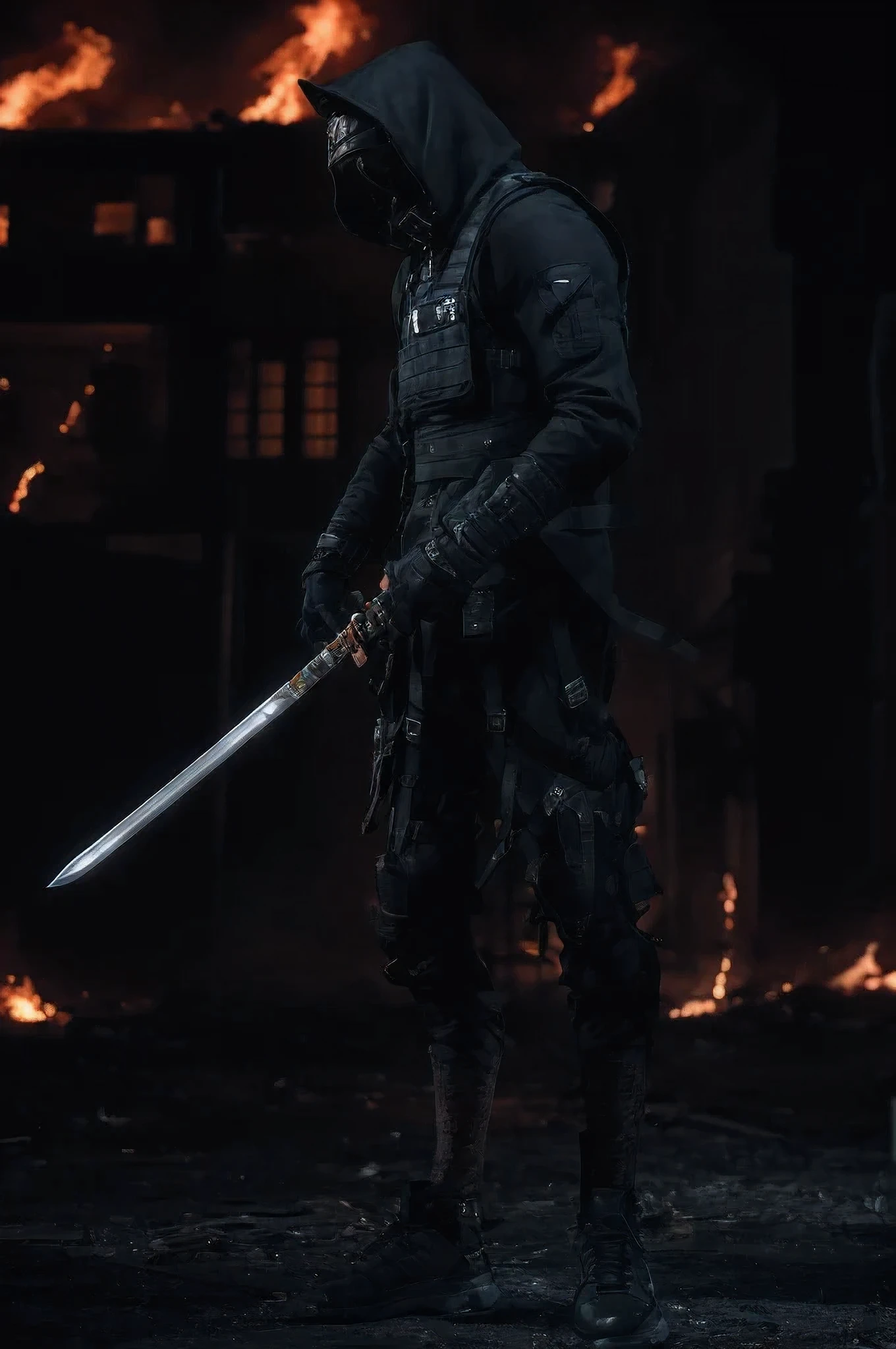 best quality, 8k, high resolution, ultra-detailed, extremely detailed, top quality, realistic, a Swordsman, wield a sword, a sword surrounded by red flames, ruined suburbs, dilapidated old house, background inside dark, sword-wielding, techwear jacket, black gloves, tactical vest, with buckle and tape,