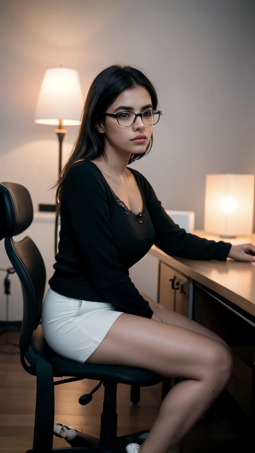 Adriana Morales sits at a desk in the office and plays with a pen in her hands, she wears simple office clothes, einen Hosenanzug, she wears glasses, (((hinter ihr sieht man einen Herren im Anzug))), man sieht ihre beine unter dem Tisch, analog style, Adriana Morales is a beautiful young spanish girl, indoor, (wide shot), professional photograph, full body photo, beautiful rectangular face, cute natural makeup, ultra realistic, elegant, highly detailed, sharp focus, studio lights, soft skin, beautiful eyes, minimal makeup, straight hair, cutting-edge photo professionally enhance the colors and details of photo, flawless and high-quality retouch, skin texture in focus, sharp focus, bokeh on background, abstract background, abstract lights, light sources from sides, backlight, counter light, vibrant colors, dual color lights, black and white still, digital Art, perfect composition, beautiful detailed intricate insanely detailed octane render trending on artstation, 8 k artistic photography, photorealistic concept art, soft natural volumetric cinematic perfect light,