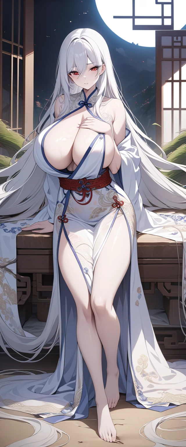An unrivalled masterpiece, Hyper-realistic 8K CG, Perfect work of art, ((Perfect female body)), white hair, Red Eyes, Mature female, milf, Huge breasts,Willow Waist, chinese deity, Looking at the audience, Seductive pose, Sexy pose, Tempting, Clean, Pretty Face, Pure face, Pale skin, Absurdly long hair, Glowing skin, Dentate skin,Delicate pattern, Intricate details, (rich:1.4), (Extremely detailed 8K Chinese long embroidered silk robes and silk long gowns and dresses:1.2),Slim clothes holes,Damaged clothes,Battle damage,Seriously injured