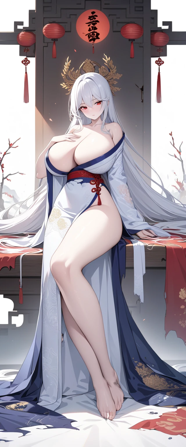 An unrivalled masterpiece, Hyper-realistic 8K CG, Perfect work of art, ((Perfect female body)), white hair, Red Eyes, Mature female, milf, Huge breasts，Willow Waist, chinese deity, Looking at the audience, Seductive pose, Sexy pose, Tempting, Clean, Pretty Face, Pure face, Pale skin, Absurdly long hair, Glowing skin, Dentate skin,Delicate pattern, Intricate details, (rich:1.4), (Extremely detailed 8K Chinese long embroidered silk robes and silk long gowns and dresses:1.2),Slim clothes holes，Damaged clothes，Battle damage，Seriously injured