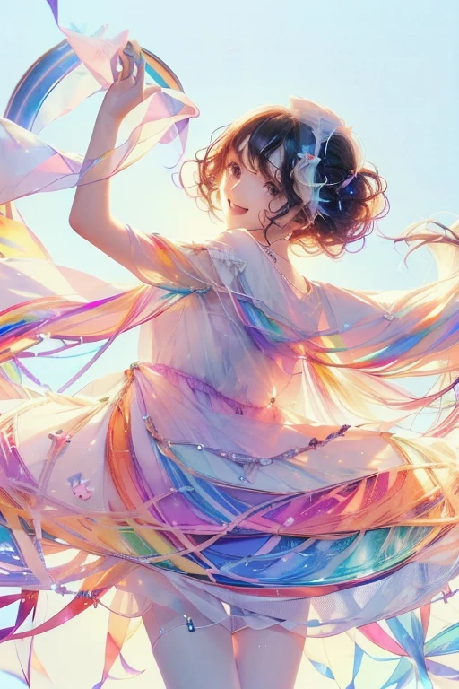 Fantasy, anime,Bright, (White background Plain white background:1.5),Girl,teenager,Full body view,(((Rainbowless:1.5, Colorful Dresses, pastel, Rainbow Colors, Colorful))),short hair,Curly hair,Black Hair,Spiky Tiara, smile, Perfect Arms, Perfect Fingers