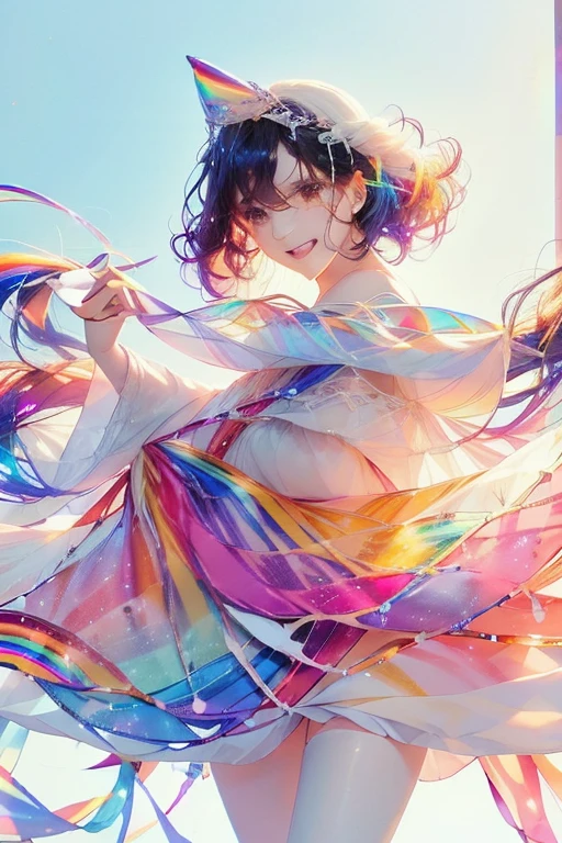 Fantasy, anime,Bright, (White background Plain white background:1.5),Girl,ager,Full body view,(((Rainbowless:1.5, Colorful Dresses, pastel, Rainbow Colors, Colorful))),short hair,Curly hair,Black Hair,Spiky Tiara, smile, Perfect Arms, Perfect Fingers