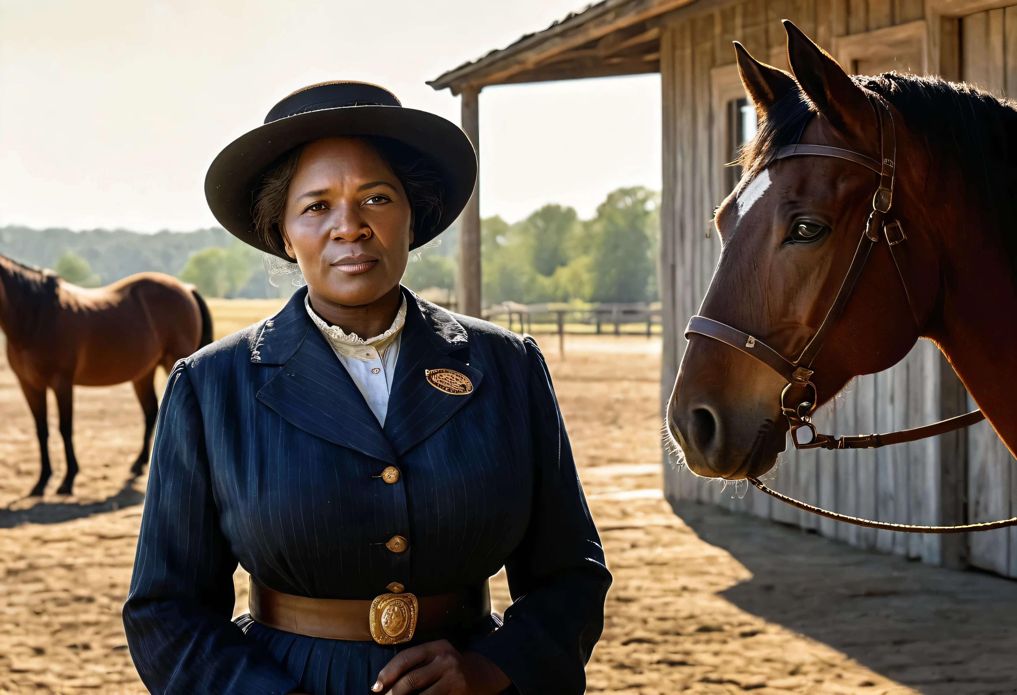 (((1900s era Studio Portrait of Mary fields))),((Ebony mature woman smoking a cigar, )) (( tick and heavy body)) (((Take photo of n Vintage painting background))((American Post station with horses in background)), (( 180 cm tall and 90 kg. weight)) ((65 years old)) ((Mature face)), First American-African mail carrier know as Stagecoach, black Mary, dress up in American 1900 ad. Style outfit for countryside woman, photorealistic, documentary photo, national geographic photo style, professional lighting, studio light, natural light, ((American Post station with horses in the background))Soft shadows Super-Resolution, Megapixel, ProPhoto RGB, VR, Spotlight, Frontlight, Halfrear Lighting, Backlight, Rim Lights, Rim Lighting, Artificial Lighting, Natural Lighting, Incandescent,The images are very realistic.,documentary photography,