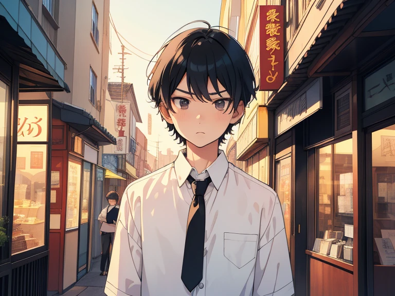 front, outside, ((((boy, men)))),(((taken from the front, 1 boy, white , short hair, black hair, black eyes, high school student, tall, serious face, tie))), (On the way home from school), (Uniform), (Masterpiece), (High resolution), (Top quality), (Super delicate), ((Line drawing manga style)), Wallpaper, Manga style illustration, Painting style, (unique atmosphere), unique world view, unique atmosphere, ((town)), (masterpiece), (high resolution), (highest quality), (super delicate), line drawing manga style, comic style illustration, how to draw, warm outline color, (clear), (obvious)