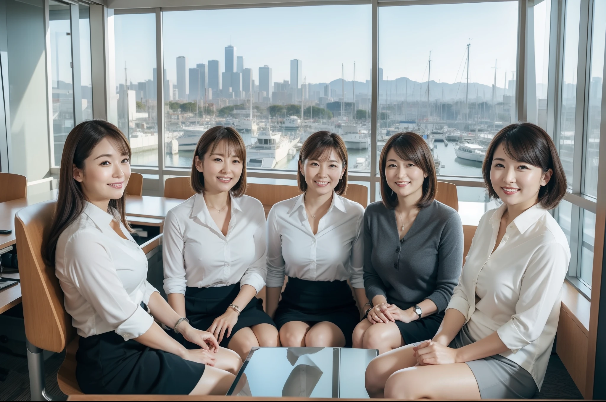 ((highest quality, 8k, Representative works in detail, Ultra-high resolution)), (Group photo of women), (Looking at the audience), (Mid Shot:), Five attractive businesswomen、Women only 5 people, A little chubby:0.25, White collared shirt, Grey Skirt, (Sitting cross-legged at an office desk)), smile, A view of Kobe Port and the Port Tower;Inside a high-rise office,