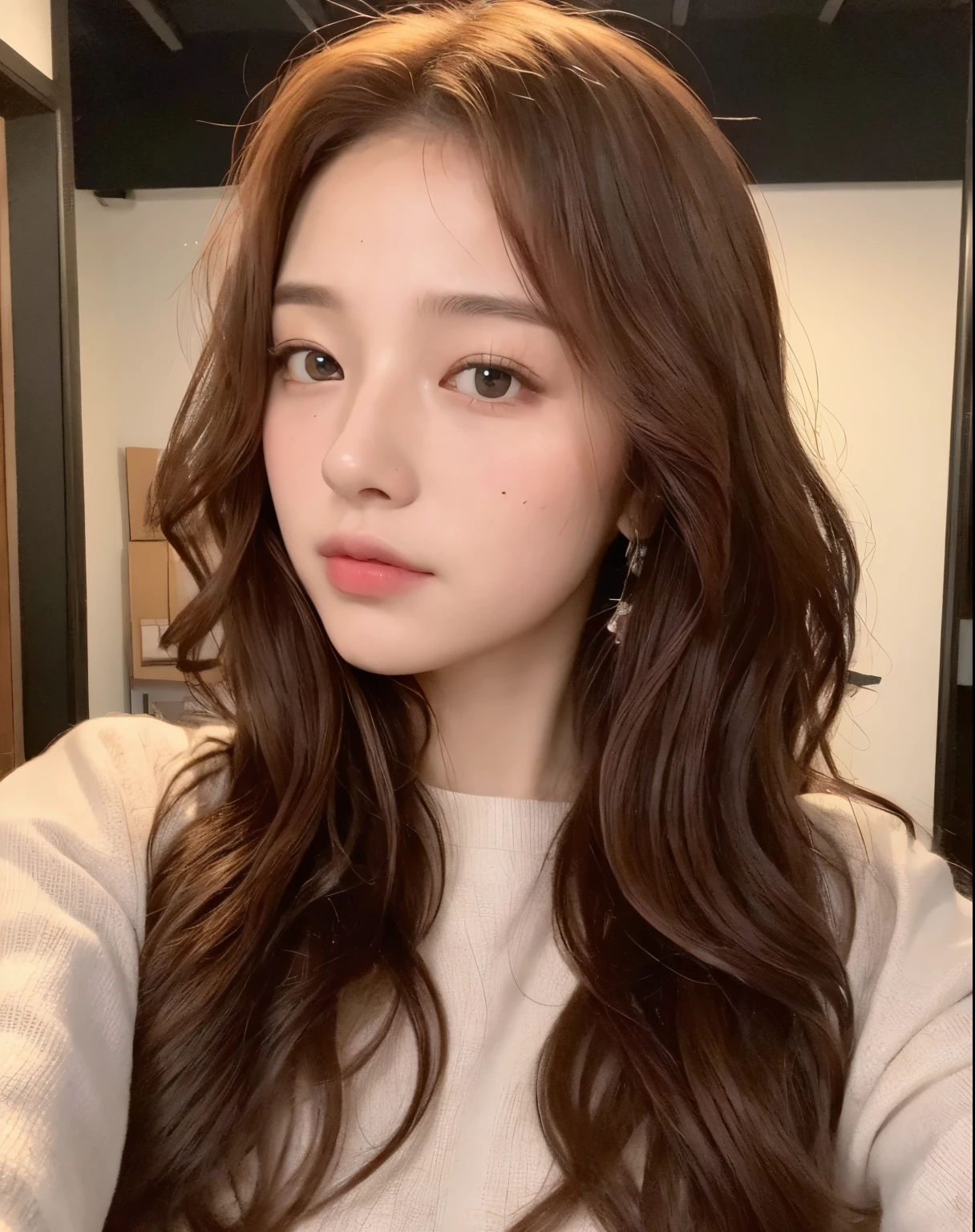 ((Best quality, 8K, Masterpiece: 1.3)), One beautiful Japanese woman: 1.3, (Red, curly, wavy hair: 1.2), (19-year-old appearance: 1.1), V-signature face: 1.2, Small, refined nose: 1.2.
