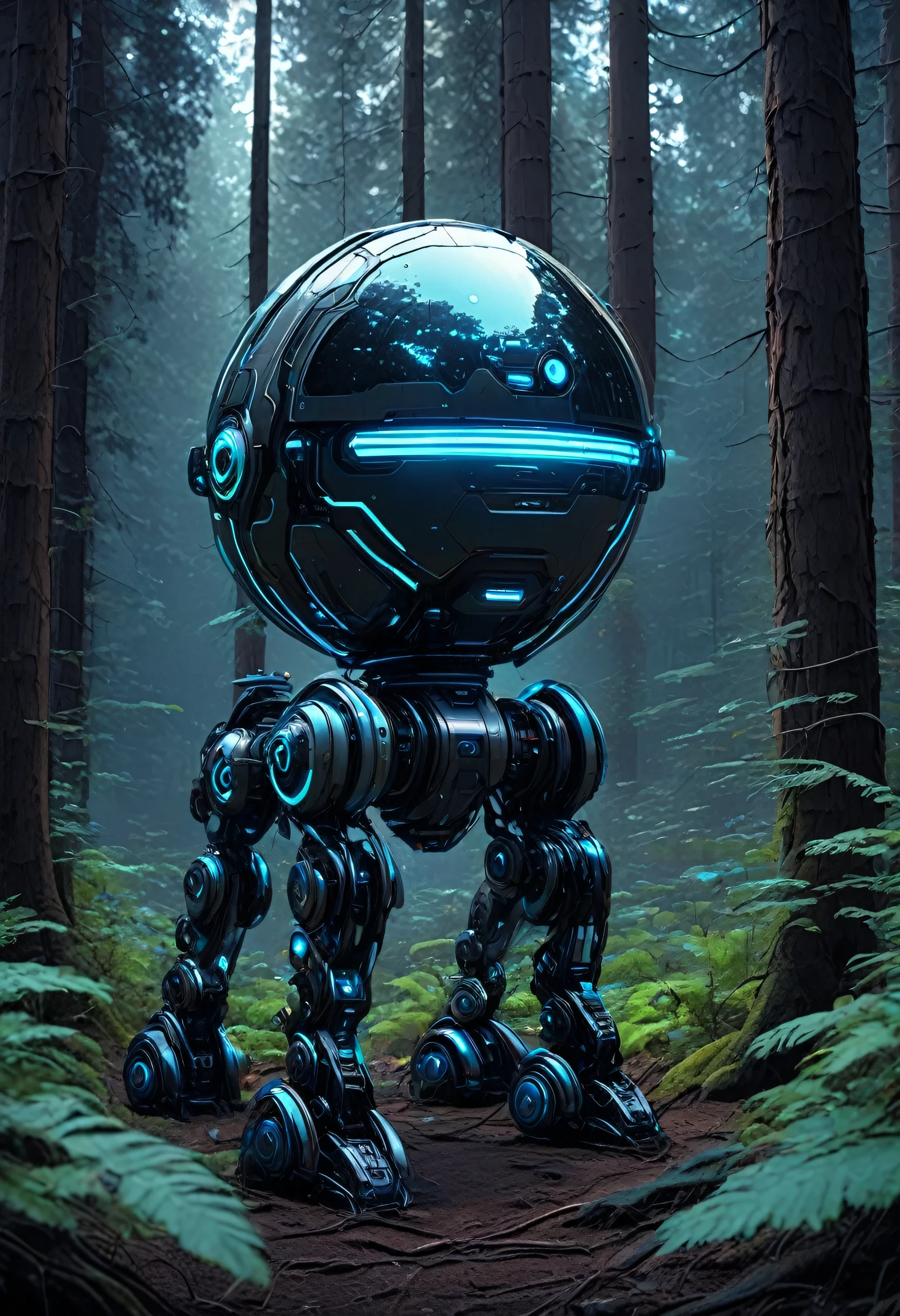 Bionic, digital, metallic, bioluminescent, sci-fi, orb in the forest, robots standing nearby, hyperrealism, 4k
