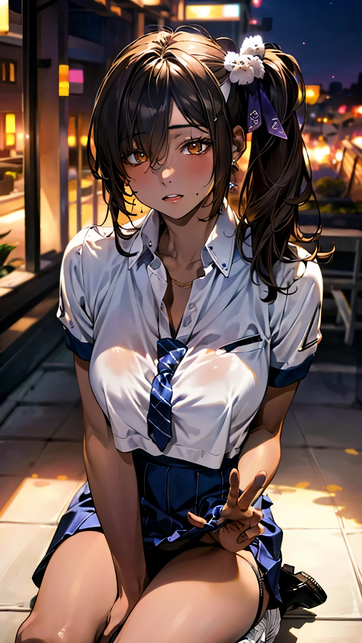 (masterpiece:1.3, top-quality, ultra high resolution, ultra detailed), (realistic, photorealistic:1.4), beautiful illustration, perfect lighting, natural lighting, depth of fields,
beautiful detailed hair, beautiful detailed face, beautiful detailed eyes, beautiful clavicle, beautiful body, beautiful chest, beautiful thigh, beautiful legs, beautiful hands,
looking at viewer, (face focus, upper body), 1 girl, NikkeNag, high school girl, (perfect anatomy, anatomically correct), cute and symmetrical face, babyface, perfect face, perfect eyes,
(long hair, side ponytail, brown hair), bangs, gold eyes, slant eyes, long eye lasher, (large breasts, juicy thighs, attractive thighs), suntan, shiny skin,
(knee high, summer clothing, ultra mini skirt, underpants, panchira), purple wrist scrunchie, ((skirt lift by myself, female masturbation)),
(beautiful scenery), evening, (city), kneeling, (embarrassed, upper eyes, close mouth),