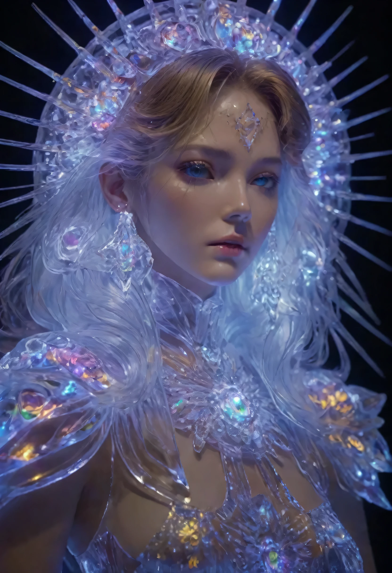 Ice sculpture photo (3DMM image of a woman, (3D depth of field: 1.4)), beautiful face, large and even eyes, brown eyes, perfect proportions, cowboy shot, in a 3D photo frame, 3DMM frame of lights, illusion of infinite fading, RGB LED point lights disappearing inward from the edge, infinity mirror, 3D neon art of a woman's body, psychedelic glow, vivid!!, psychedelic lighting, psychedelic blacklight, John Coffelt, ??? visuals, Jim Burns neon version, LED space, skin made of LED point lights, RGB LED effects, raytracing, high quality, highly detailed, 8k, professional, sharp, RAW Photo, Realistic, (Movie Lighting: 1.3), Fujifilm XT3, (Sharp En Light: 1.2), (Complex Shadows: 1.3), Translucent, Octane Rendering, Volumetrics DTX,