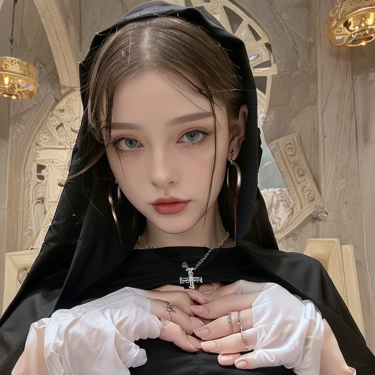 1 miniature Beautiful beautiful woman - Yuan Sayuki, ((top quality, 8K, Masterpiece:1.retty woman, 1 woman, huge breasts:1.3, a slim body:1.1, lush white short hair, (shower, wet body, wet clothes:1.1), very detailed face, detailed lips, detailed eyes, double eyelids, Detailed blue eyes, чрезвычайно Detailed Outstanding Blue Eyes, short white wet hair, white wet hair, Detailed Outstanding Blue Eyes, innocent look at the viewer, ,very wet wavy white hair, Detailed Outstanding Blue Eyes, huge cross earrings, Inside a church, badges behind, gothic wedding uniform, sexy gothic style wedding dress with veil, bare chest, huge chest tattoo wearing a wreath, detailed huge catholic cross earrings, chest tattoo, Inside a temple, wear a silver cross (Detailed cross shape), reality mode, wet breasts, black necklace, black wedding dress and black veil, human crowd behind, head/forehead chain veil, black latex gloves, naked breasts, naked breasts, naked nipples, hair of white snowy colour, night time, red neon lights, demonic nun, nimbus (golden lighting ring above her head), angel, sexy Nun uniform