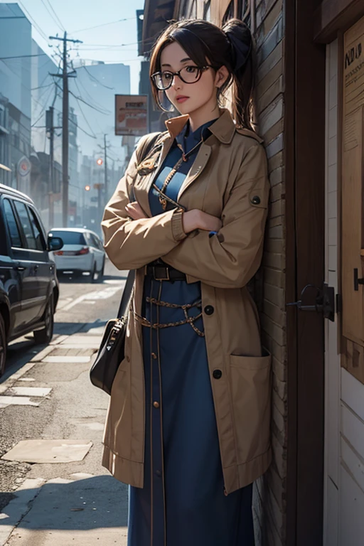 a pretty girl messenger, wearing large glasses, undercut hair, wearing postal uniform, in a post-apocalyptic world