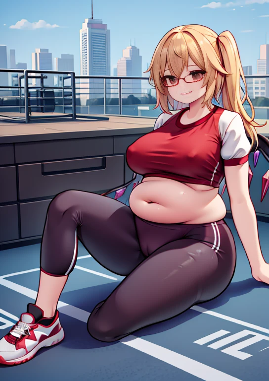 (masterpiece, best quality, highly detailed), 1girls, big belly, huge belly, art by kipteitei, round belly, chubby, curvy, belly grab, enormous belly, fat belly, thicc, bigger belly, really big belly, jiggly belly, glasses, (((((extremely thight gym clothes))))), ((cum on belly)), smug face, sitting, ((full body)), long hair, ((dominant)), (giantess), Flandre scarlet