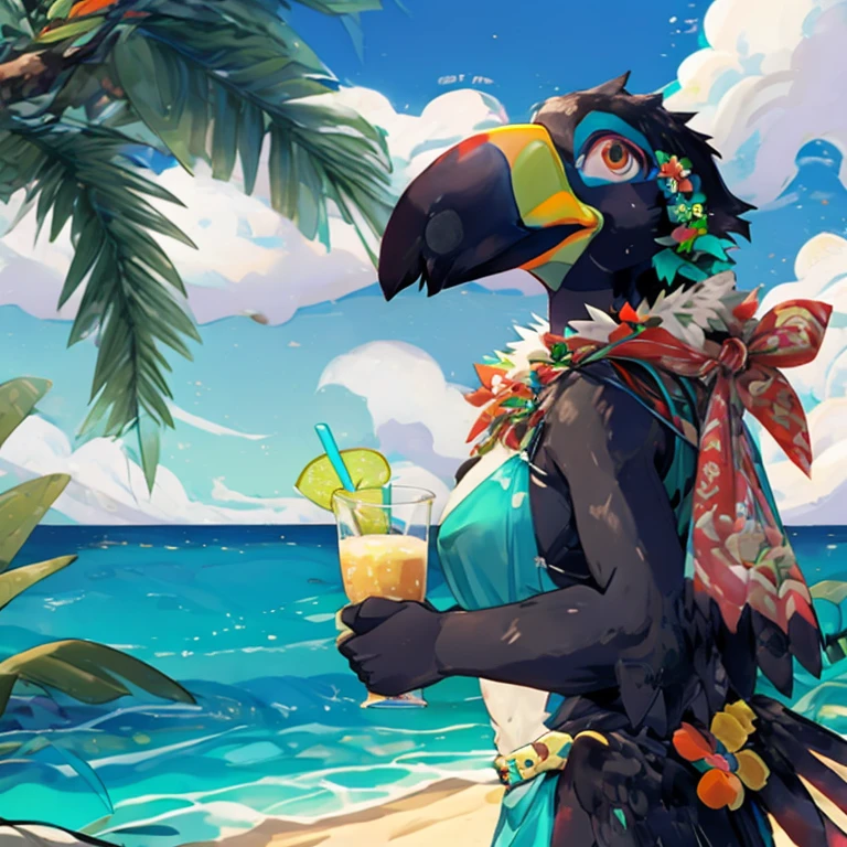 Solo female, toucan, avian, bird, blue bikini, black feathers, flower lei, holding coconut drink, beach, Hawaiian, tropical, palm trees in background