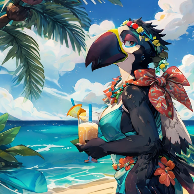 Solo female, toucan, avian, bird, blue bikini, black feathers, flower lei, holding coconut drink, beach, Hawaiian, tropical, palm trees in background