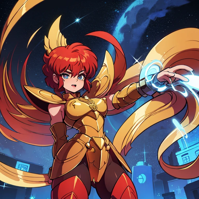 Ranmachan, cabello rojo, Cabello corto, ojos azules, ojos detallados, cara de placer, muslos, pechos grandes, cuerpo completo, pose vulgar, vulgar, pechos vulgares, escote muy grande, senos grandes, armadura dorada, Saint Seiya Zodiac, Zodiac Sagittarius gold Armor, armadura brillante, sexy armor