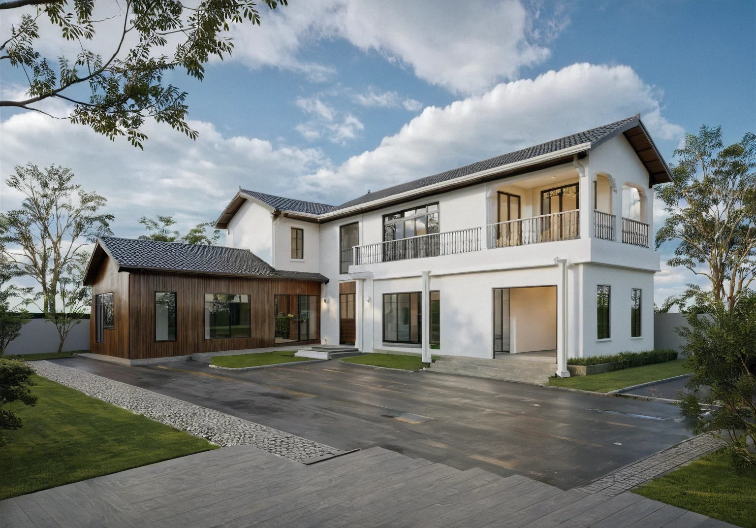 exterior house, contemporary style, white wall, wood wall, wood door, glass window, (realistic:1.2), Masterpiece, high quality, best quality, authentic, super detail, outdoors,road,pavement, grass, trees, sky, cloud, (daylight:1.1)
