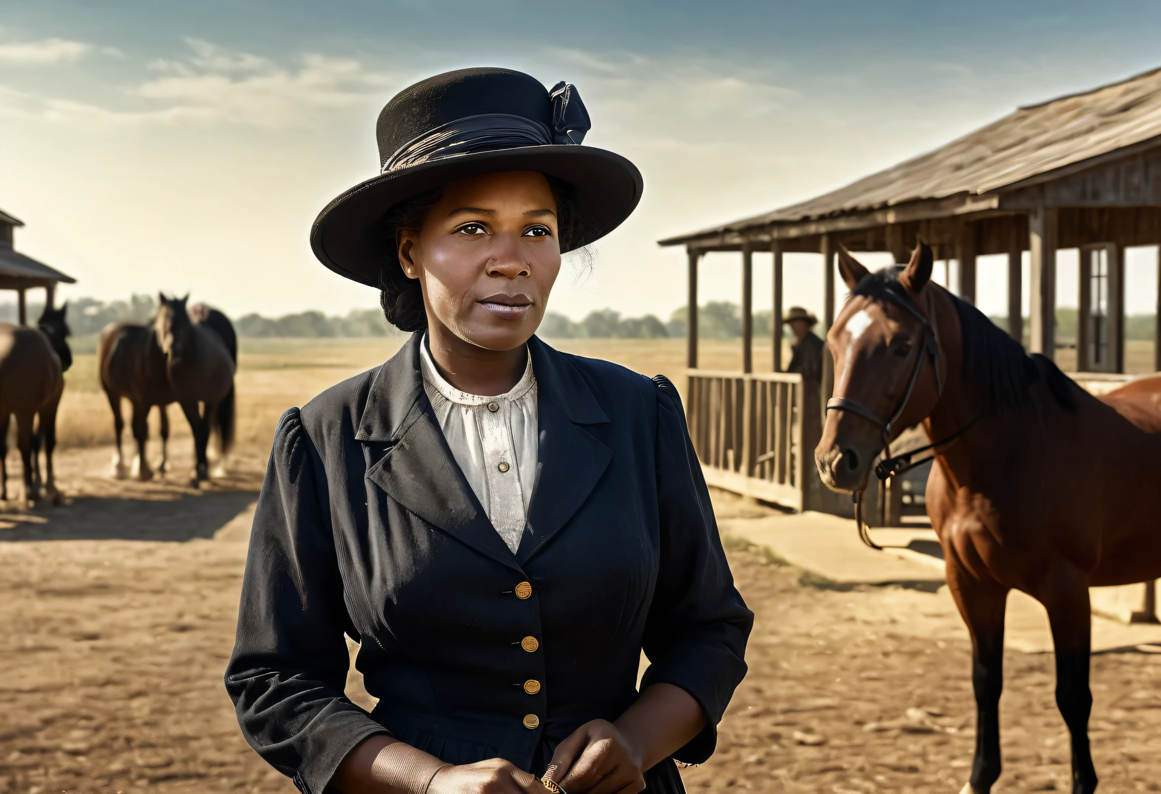 (((1900s era Studio Portrait of Mary fields))),((Ebony mature woman smoking a cigar, )) (( tick and heavy body)) (((Take photo of n Vintage painting background))((American Post station with horses in background)), (( 180 cm tall and 90 kg. weight)) ((65 years old)) ((Mature face)), First American-African mail carrier know as Stagecoach, black Mary, dress up in American 1900 ad. Style outfit for countryside woman, photorealistic, documentary photo, national geographic photo style, professional lighting, studio light, natural light, ((American Post station with horses in the background))Soft shadows Super-Resolution, Megapixel, ProPhoto RGB, VR, Spotlight, Frontlight, Halfrear Lighting, Backlight, Rim Lights, Rim Lighting, Artificial Lighting, Natural Lighting, Incandescent,The images are very realistic.,documentary photography,
