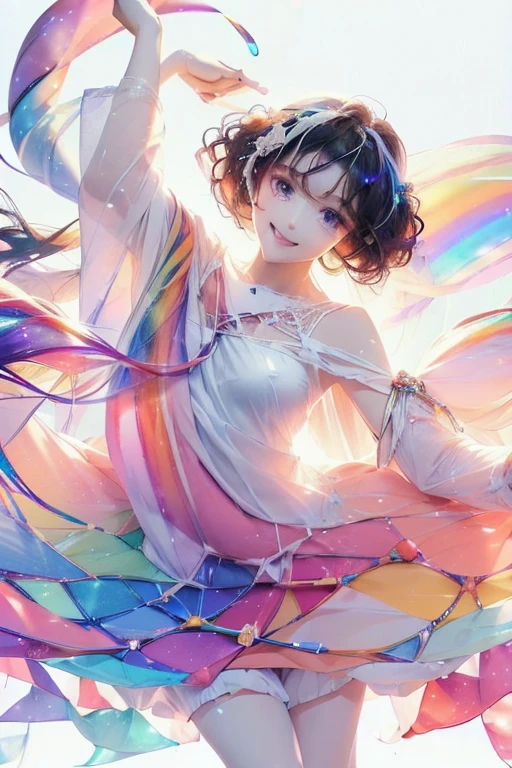 Fantasy, anime,Bright, (White background Plain white background:1.5),Girl,teenager,Full body view,(((Rainbowless:1.5, Colorful Dresses, pastel, Rainbow Colors, Colorful))),short hair,Curly hair,Black Hair,Spiky Tiara, smile, Perfect Arms, Perfect Fingers