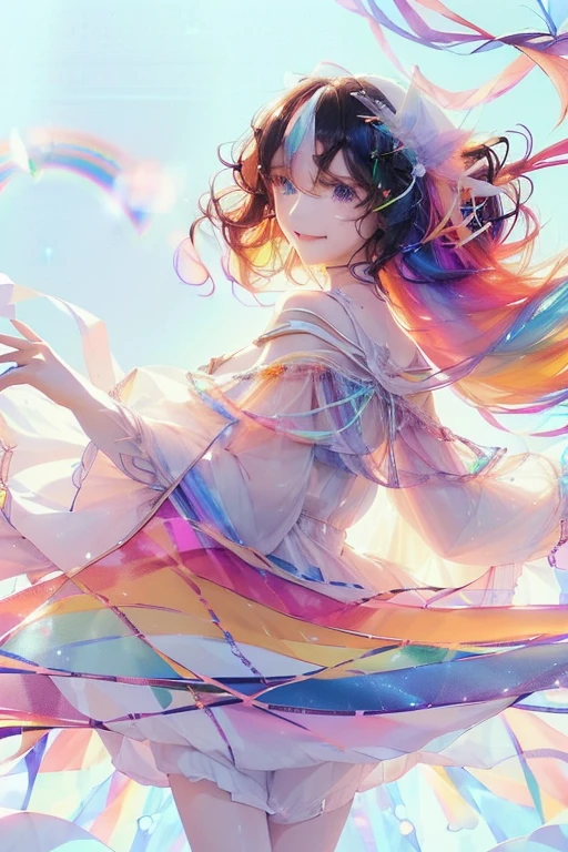 Fantasy, anime,Bright, (White background Plain white background:1.5),Girl,teenager,Full body view,(((Rainbowless:1.5, Colorful Dresses, pastel, Rainbow Colors, Colorful))),short hair,Curly hair,Black Hair,Spiky Tiara, smile, Perfect Arms, Perfect Fingers