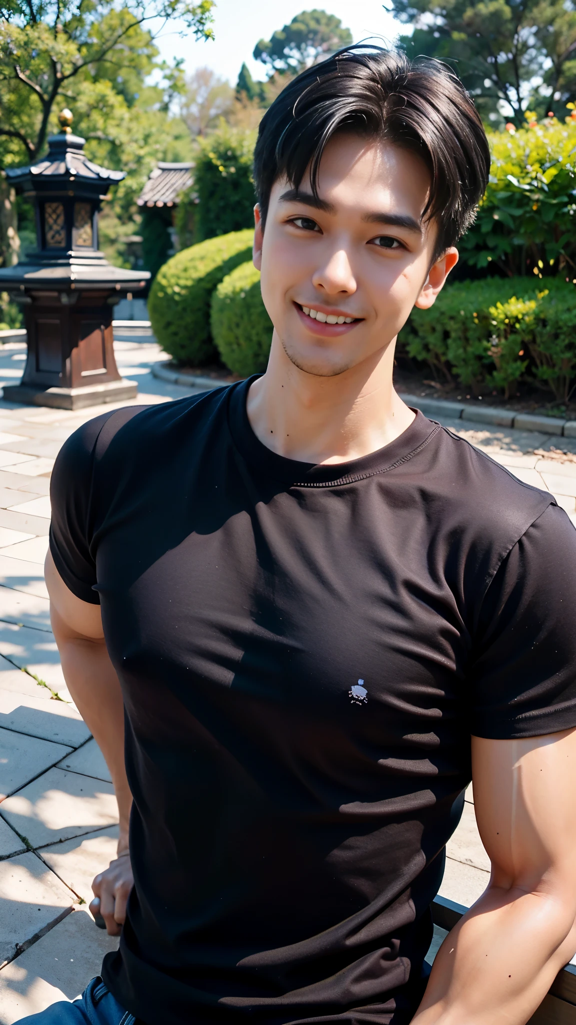 1 male model, smile, (Wear a black round neck t-shirt.), Jeans, Korean people , korean men, (high glossy details), looking at the audience, Balancing the eyes, chest muscles, large arm muscles,, The backdrop is a garden.