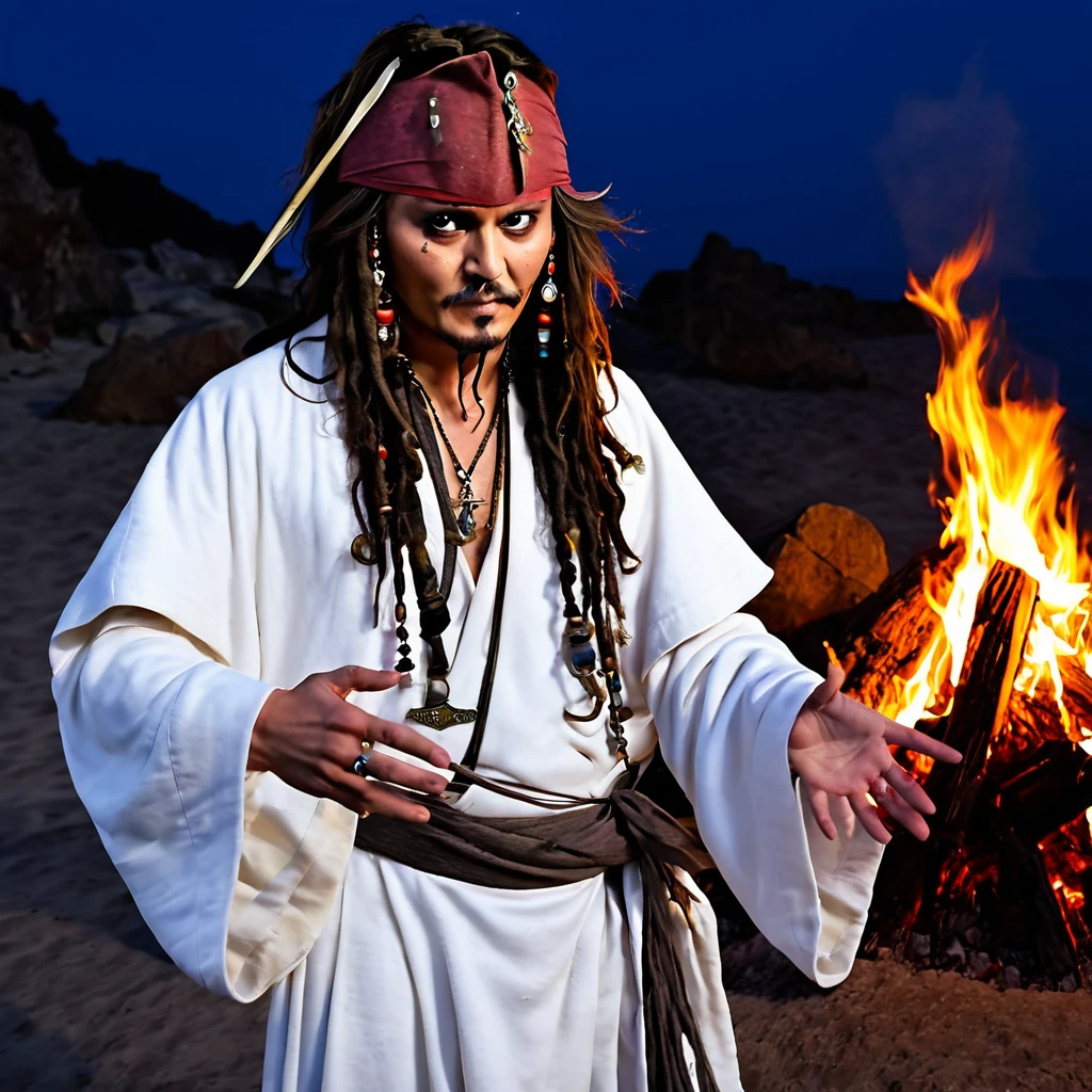 (extreme complexity)(two subjects)(A flamboyant vampire (greatly resembling Johnny Depp as Jack Sparrow, no hat, long dark hair, exaggerated hand gestures) looks bored, (a young (25), bald, European monk, athletic, dressed in a white robe with platinum trim and a holy symbol of Bahamut) is explaining a moral lesson by a camp fire at night