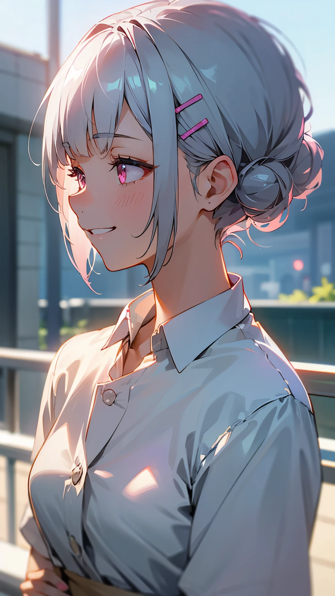 1girl、Short silver bob hair tied in a bun with a hair clip, Pink Eyes、Grin、profile、Upper body close-up、Morning Cafe Terrace、Background blur, The depth of the drawn boundaries