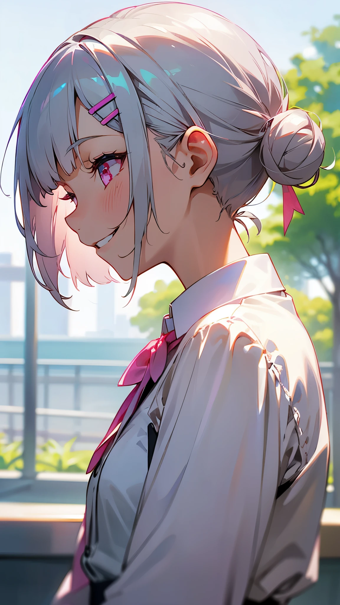 １girl、Short silver bob hair tied in a bun with a hair clip, Pink Eyes、Grin、profile、Upper body close-up、Morning Cafe Terrace、Background blur, The depth of the drawn boundaries