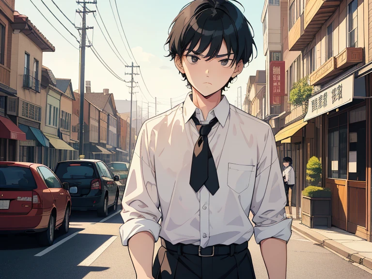 front, outside, ((((boy, men)))),(((taken from the front, 1 boy, white , short hair, black hair, black eyes, high school student, tall, serious face, tie))), (On the way home from school), (Uniform), (Masterpiece), (High resolution), (Top quality), (Super delicate), ((Line drawing manga style)), Wallpaper, Manga style illustration, Painting style, (unique atmosphere), unique world view, unique atmosphere, ((town)), (masterpiece), (high resolution), (highest quality), (super delicate), line drawing manga style, comic style illustration, how to draw, warm outline color, (clear), (obvious)