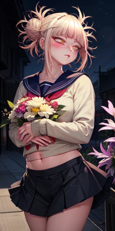 realistic, 1girl, white hair, purple eyes, glowing eyes, crop top, skirt, parted lips, blush, night, flowers, sun, sunlight,