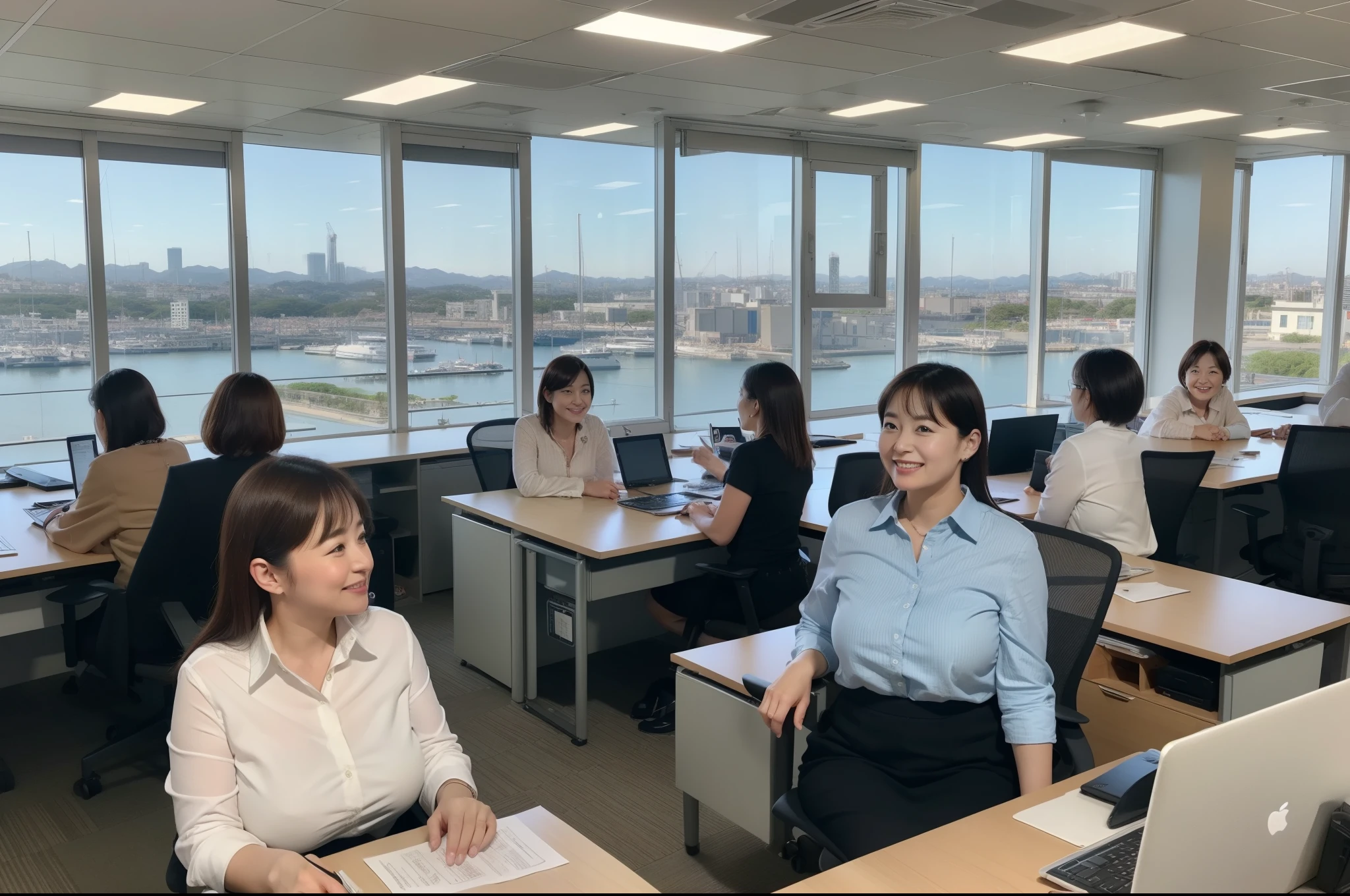 ((highest quality, 8k, Representative works in detail, Ultra-high resolution)), (Group photo of women), (Looking at the audience), (Mid Shot:), Five attractive businesswomen、Women only 5 people, A little chubby:0.25, White collared shirt, Grey Skirt, (Sitting cross-legged at an office desk)), smile, A view of Kobe Port and the Port Tower;Inside a high-rise office,