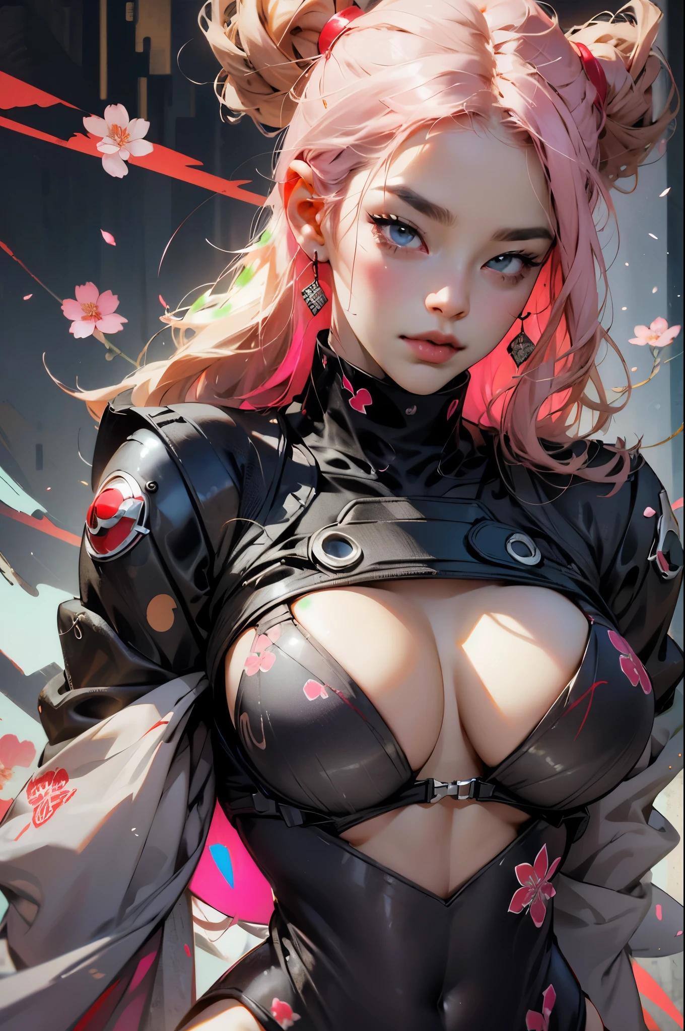 Red, pink, white, black, (blonde hair woman, accentuated super huge enormously gigantic tits with cleavage showing, sexy seductive slutty pose),tattoo sleeves, (harajuku inspired hip hop cyberpunk techwear kimono:1.1),abstract swirling graffiti patterns lines and circles background, cherry blossoms blowing in the wind