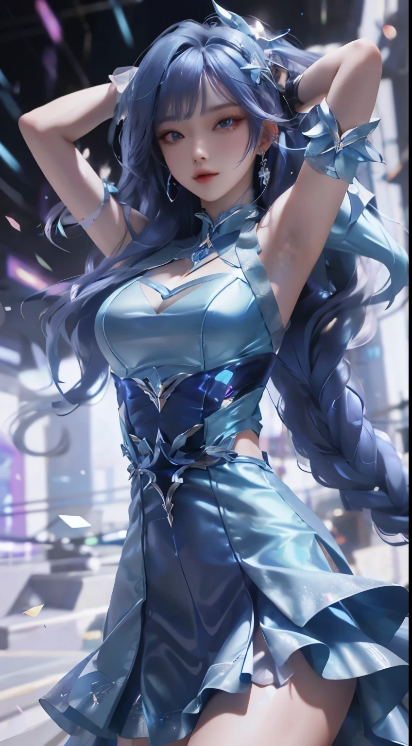Ultra HD, 8K quality, A girl, Blue very long hair, neon blue dress, Detailed eyes, Unreal Engine 5,
