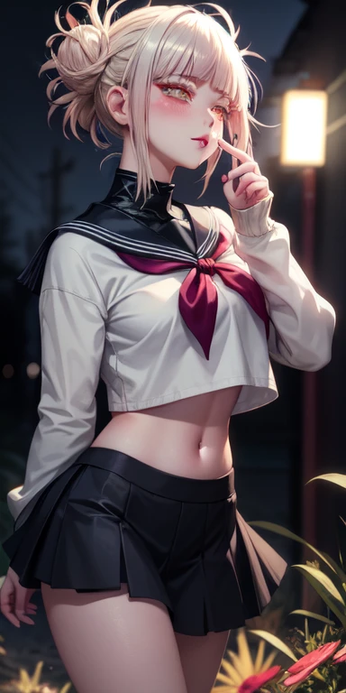realistic, 1girl, white hair, purple eyes, glowing eyes, crop top, skirt, parted lips, blush, night, flowers, sun, sunlight,