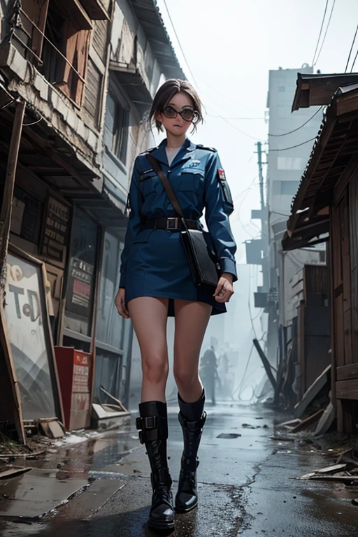 Wide angle, full body image, a pretty girl messenger, wearing large glasses, undercut hair, wearing postal uniform, in a post-apocalyptic world