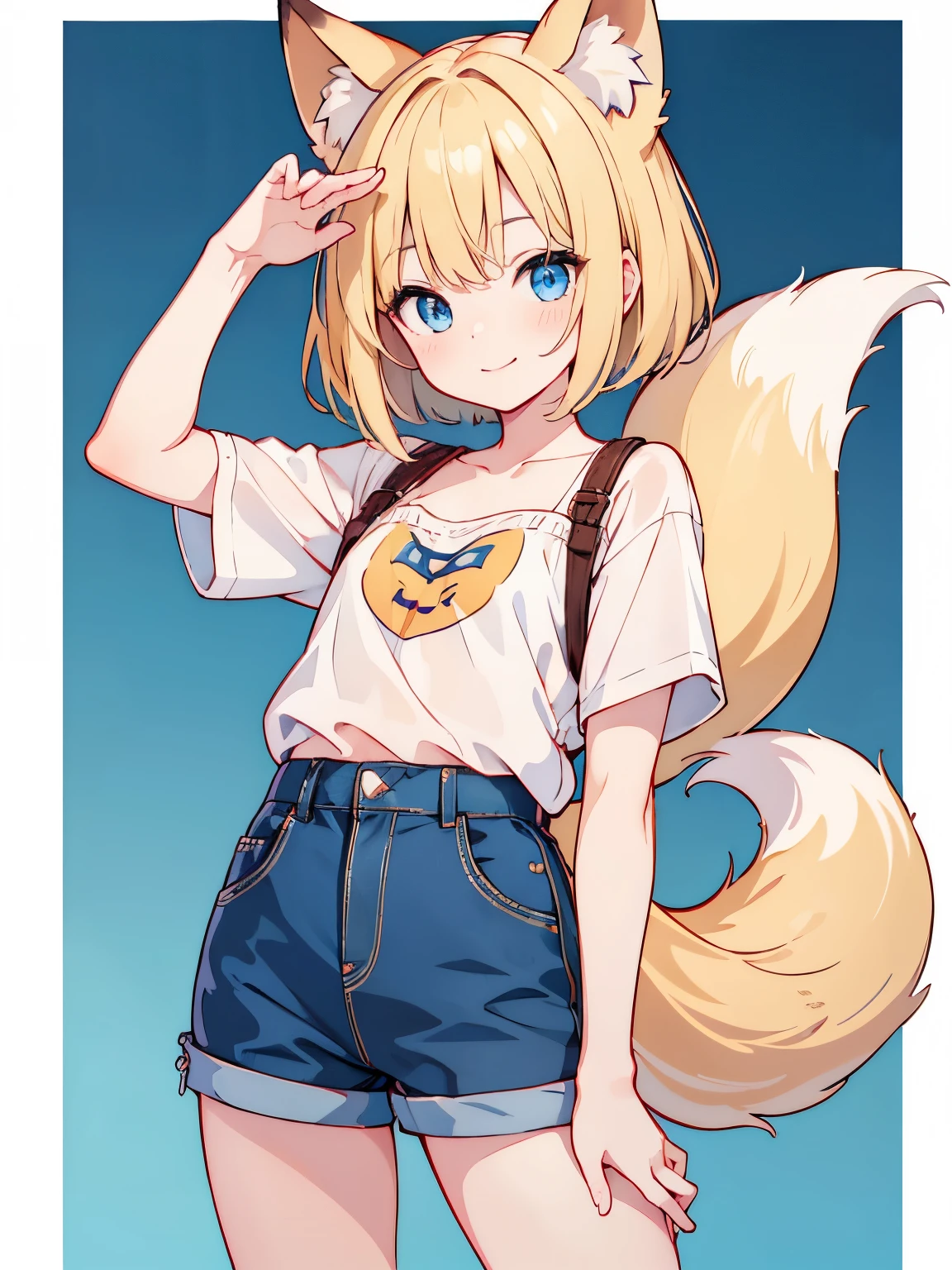 (master piece:1.2), (best Quality:1.2), (ultra detailed:1.2), (highres:1.2), 4k, 8k, cowboy shot, look at viewer, short hair, bob cut, (blonde hair:1.2), (blue eyes:1.2), pela skin, smile,  girl, toned, small breasts, tiny, t-shirt, shorts, (1 fox tail:1.2), fox ears, (Short stature:1.2), lolita, from front, (flat chest1.2), entrance,