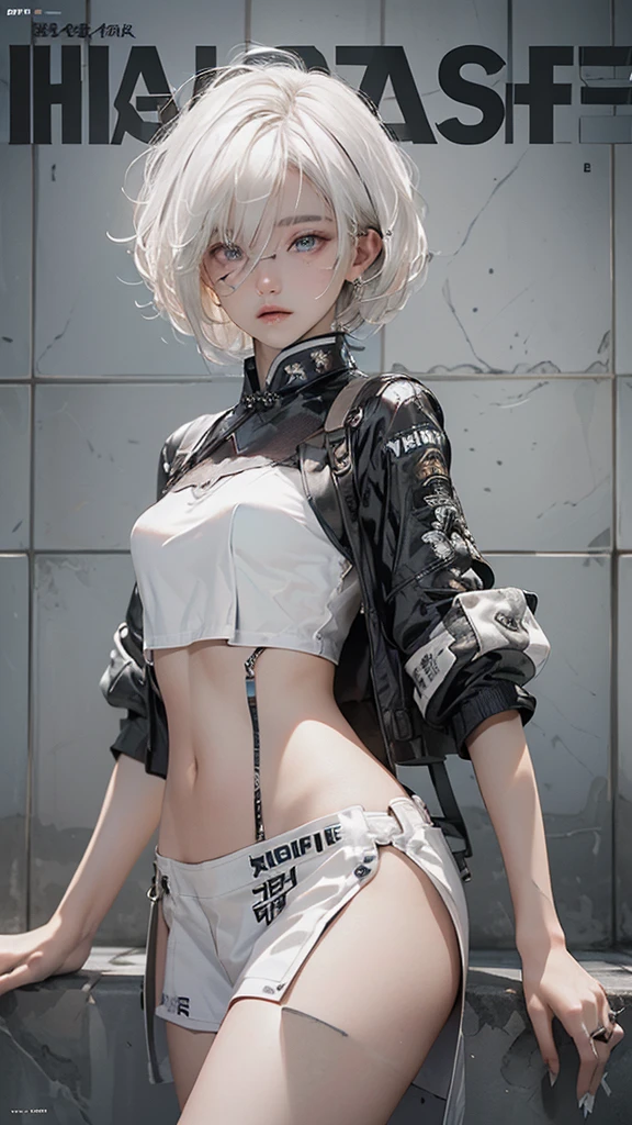  ((white hair)), bright lighting, masterpiece,1girll, ((short hair)), ((-yeld fee model)), (((cowboy shot)) 2D,  detailed eyes, ((Text)), ((magazine cover layout)), tile,  cover, bold, attention-grabbing, title, stylish, ((font)), catchy, headline, (Chinese), beautiful eyes, eyes focus