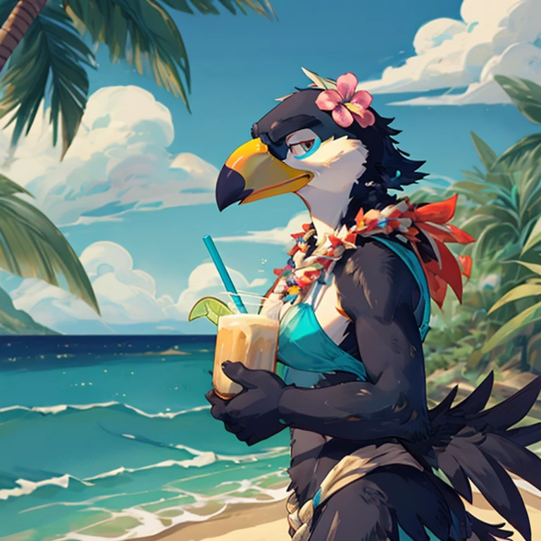 Solo female, toucan, avian, bird, blue bikini, black feathers, flower lei, holding coconut drink, beach, Hawaiian, tropical, palm trees in background