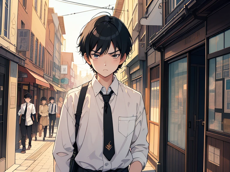 front, outside, ((((boy, men)))),(((taken from the front, 1 boy, white , short hair, black hair, black eyes, high school student, tall, serious face, tie))), (On the way home from school), (Uniform), (Masterpiece), (High resolution), (Top quality), (Super delicate), ((Line drawing manga style)), Wallpaper, Manga style illustration, Painting style, (unique atmosphere), unique world view, unique atmosphere, ((town)), (masterpiece), (high resolution), (highest quality), (super delicate), line drawing manga style, comic style illustration, how to draw, warm outline color, (clear), (obvious)