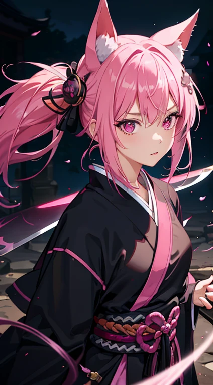 "1girl with vibrant pink hair holding a gleaming katana in a dark and mysterious setting, fsw, samurai clothes, glowing eyes, layered hair, side light, pig tails."