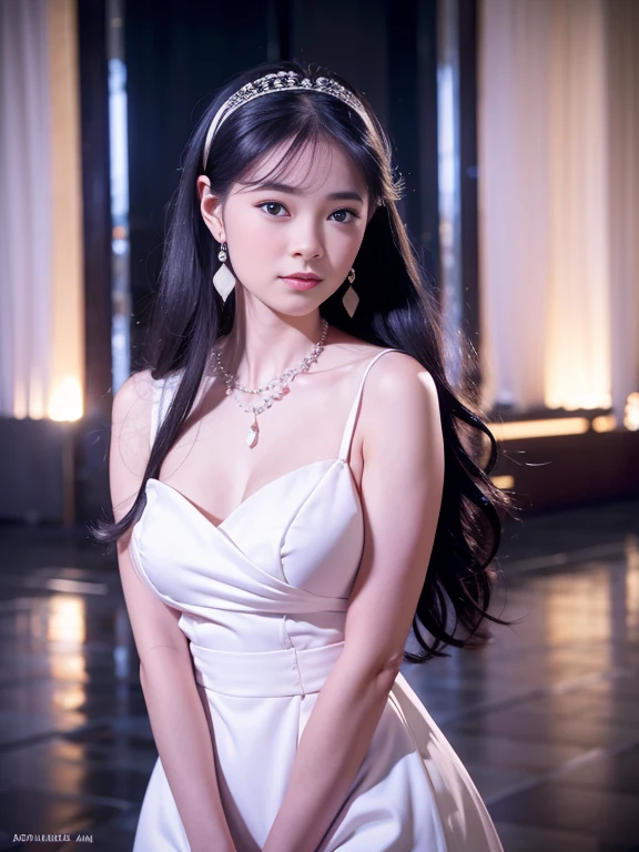 Best quality, masterpiece, high resolution, 1girl, clear silk porcelain dress, beautiful face, hair accessories, looking at the audience, smiling, close your mouth, lips, dress, hair accessories, necklaces, jewelry, long hair, earrings, beautiful face, on the body, Tindal effect, realism, dark studio, edge lighting, two-tone lighting, (high detail skin: 1.2), 8k UHD, DSLR, soft light, high quality, volumetric lighting, photo, high resolution 4K, 8k, blurred background
