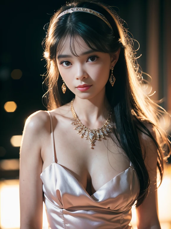 Best quality, masterpiece, high resolution, 1girl, clear silk porcelain dress, beautiful face, hair accessories, looking at the audience, smiling, close your mouth, lips, dress, hair accessories, necklaces, jewelry, long hair, earrings, beautiful face, on the body, Tindal effect, realism, dark studio, edge lighting, two-tone lighting, (high detail skin: 1.2), 8k UHD, DSLR, soft light, high quality, volumetric lighting, photo, high resolution 4K, 8k, blurred background