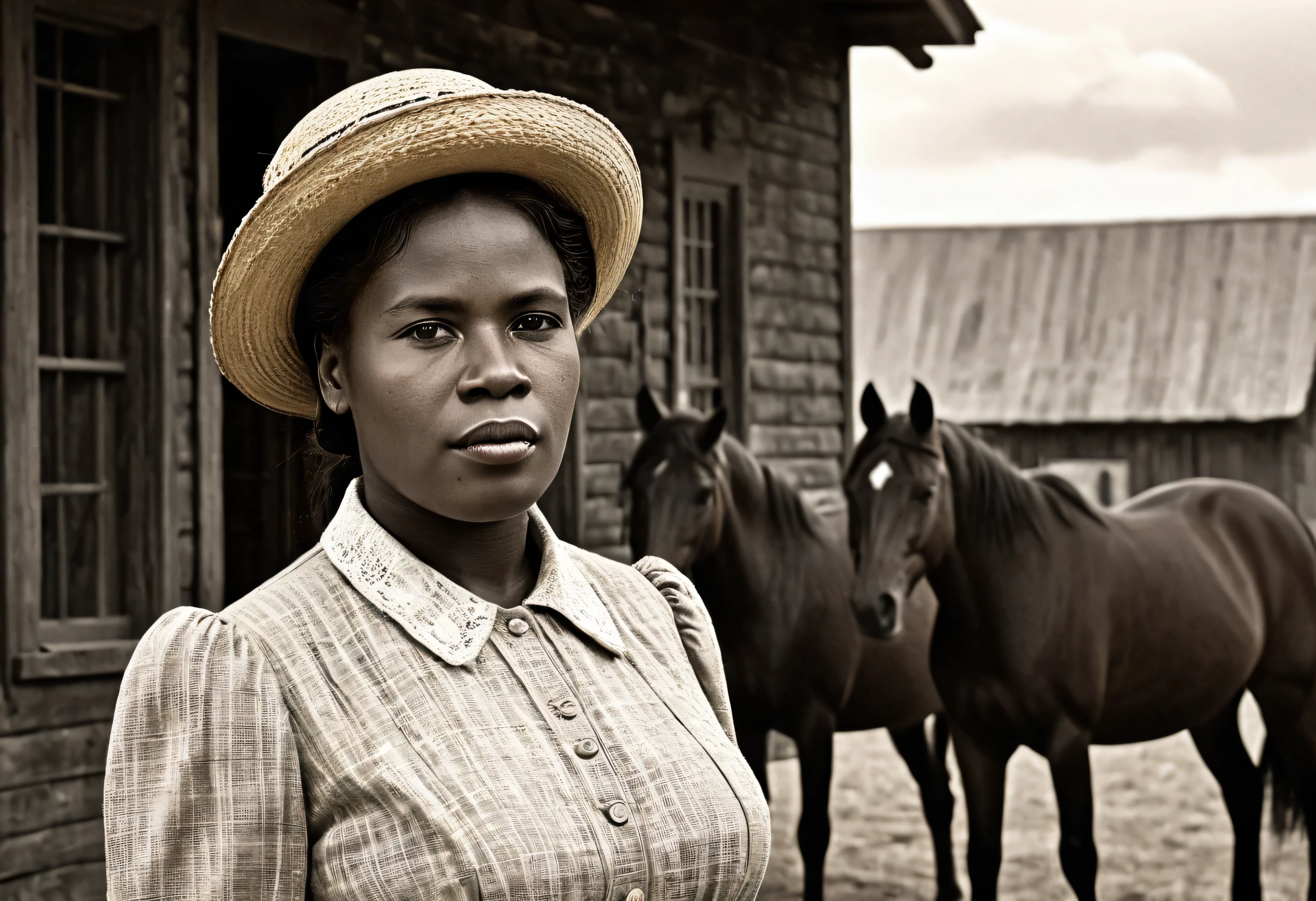 (((1900s era Studio Portrait of Mary fields))),((Ebony mature woman smoking a cigar, )) (( tick and heavy body)) (((Take photo of n Vintage painting background))((American Post station with horses in background)), (( 180 cm tall and 90 kg. weight)) ((65 years old)) ((Mature face)), First American-African mail carrier know as Stagecoach, black Mary, dress up in American 1900 ad. Style outfit for countryside woman, photorealistic, documentary photo, national geographic photo style, professional lighting, studio light, natural light, ((American Post station with horses in the background))Soft shadows Super-Resolution, Megapixel, ProPhoto RGB, VR, Spotlight, Frontlight, Halfrear Lighting, Backlight, Rim Lights, Rim Lighting, Artificial Lighting, Natural Lighting, Incandescent,The images are very realistic.,documentary photography,