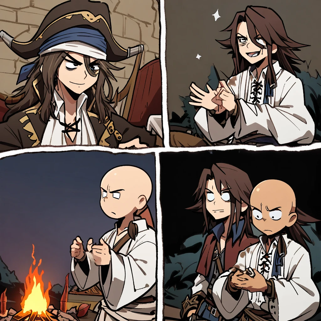 (extreme complexity)(two subjects)(A flamboyant vampire (greatly resembling Johnny Depp as Jack Sparrow, no hat, long dark hair, exaggerated hand gestures) looks bored, (a young (25), bald, European monk, athletic, dressed in a white robe with platinum trim and a holy symbol of Bahamut) is explaining a moral lesson by a camp fire at night