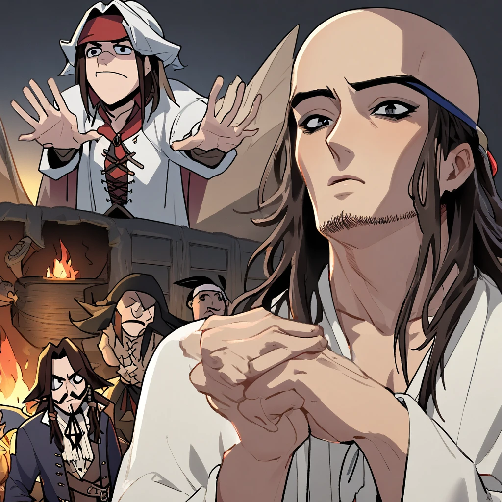 (extreme complexity)(two subjects)(A flamboyant vampire (greatly resembling Johnny Depp as Jack Sparrow, no hat, long dark hair, exaggerated hand gestures) looks bored, (a young (25), bald, European monk, athletic, dressed in a white robe with platinum trim and a holy symbol of Bahamut) is explaining a moral lesson by a camp fire at night