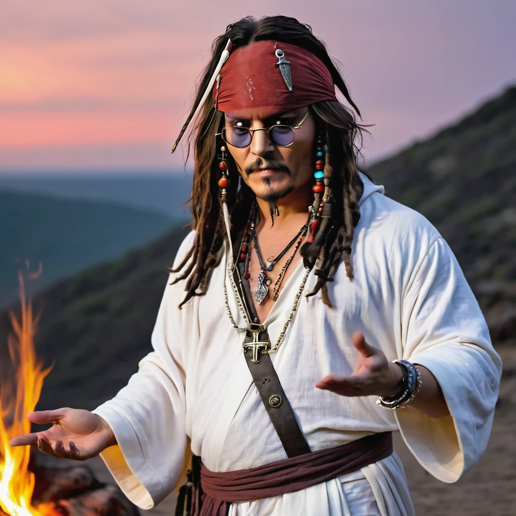 (extreme complexity)(two subjects)(A flamboyant vampire (greatly resembling Johnny Depp as Jack Sparrow, no hat, long dark hair, exaggerated hand gestures) looks bored, (a young (25), bald, European monk, athletic, dressed in a white robe with platinum trim and a holy symbol of Bahamut) is explaining a moral lesson by a camp fire at night