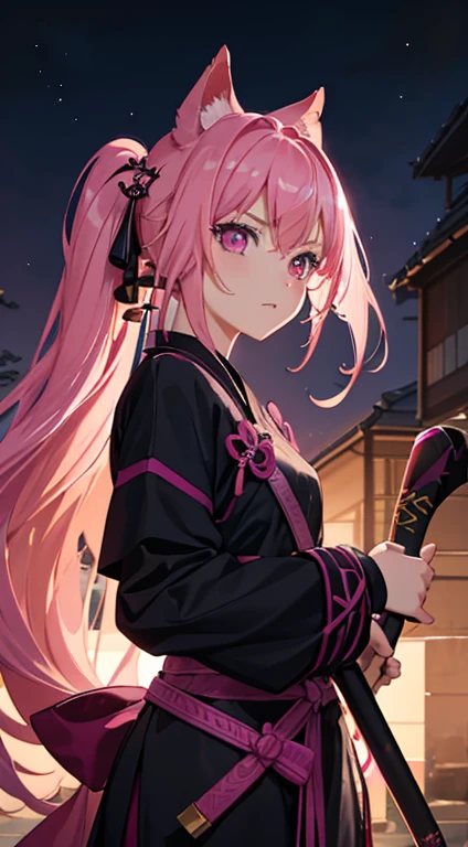 ((masterpiece,best quality)),girl, black kimono, black legwear, black ribbon, pink hair, Chinese clothes, kongfu, long hair, looking at viewer, looking back