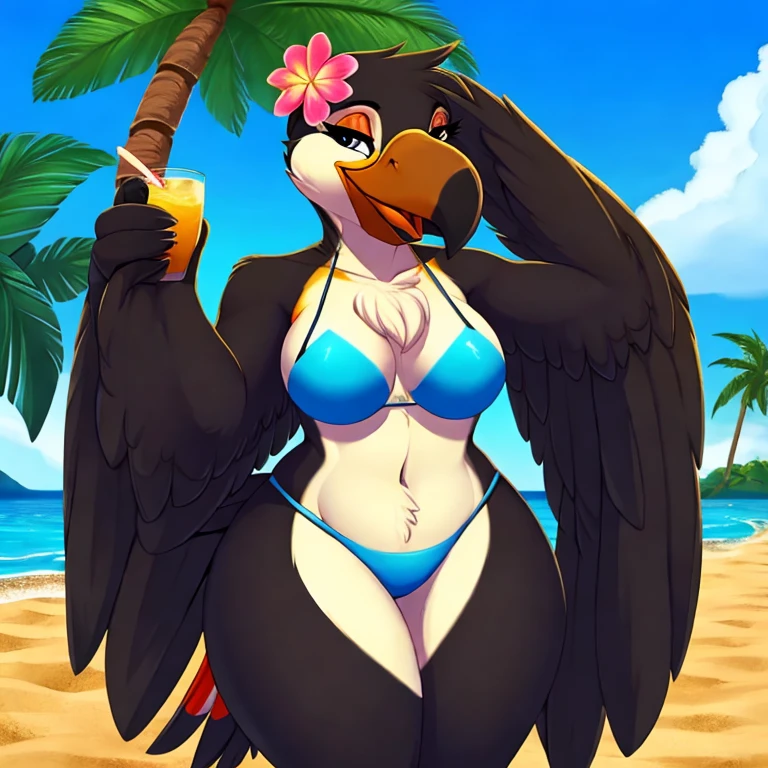 Solo female, toucan, avian, bird, curvy, black feathers, blue bikini bottom, topless, flower lei, holding coconut drink, beach, Hawaiian, tropical, palm trees in background